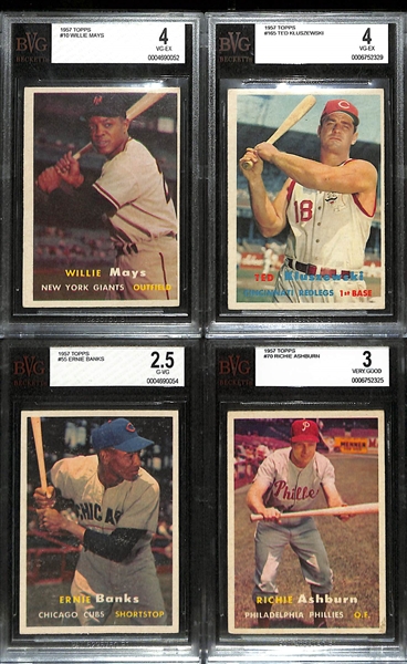 Lot of (4) BVG Graded 1957 Topps Cards - Willie Mays (BVG 4), Ted Kluszewski (BVG 4), Ernie Banks (BVG 2.5), Richie Ashburn (BVG 3)