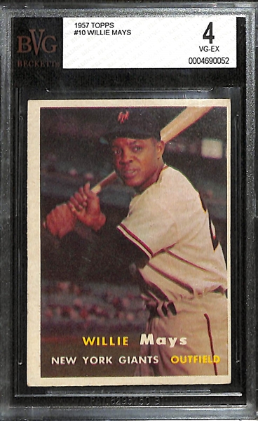 Lot of (4) BVG Graded 1957 Topps Cards - Willie Mays (BVG 4), Ted Kluszewski (BVG 4), Ernie Banks (BVG 2.5), Richie Ashburn (BVG 3)