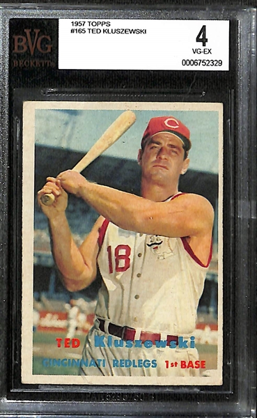 Lot of (4) BVG Graded 1957 Topps Cards - Willie Mays (BVG 4), Ted Kluszewski (BVG 4), Ernie Banks (BVG 2.5), Richie Ashburn (BVG 3)