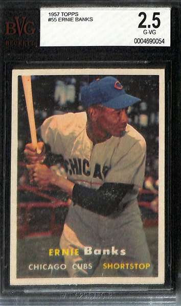 Lot of (4) BVG Graded 1957 Topps Cards - Willie Mays (BVG 4), Ted Kluszewski (BVG 4), Ernie Banks (BVG 2.5), Richie Ashburn (BVG 3)