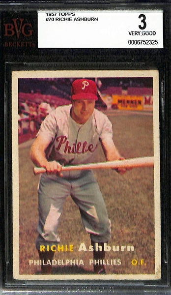 Lot of (4) BVG Graded 1957 Topps Cards - Willie Mays (BVG 4), Ted Kluszewski (BVG 4), Ernie Banks (BVG 2.5), Richie Ashburn (BVG 3)