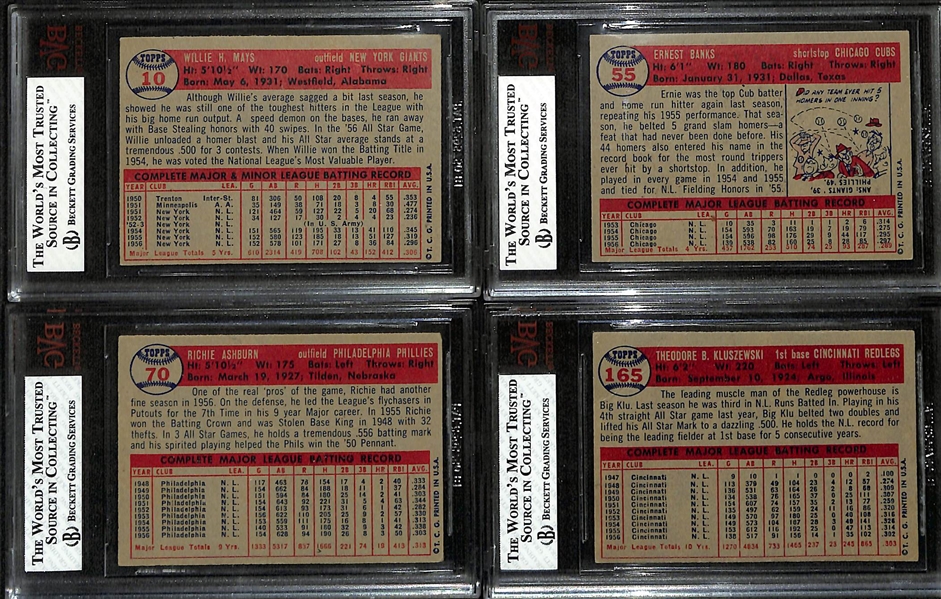 Lot of (4) BVG Graded 1957 Topps Cards - Willie Mays (BVG 4), Ted Kluszewski (BVG 4), Ernie Banks (BVG 2.5), Richie Ashburn (BVG 3)