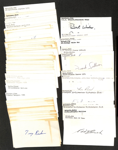 Lot of (150+) Signed Baseball Index Cards inc. Edd Roush, Robin Roberts, Jim Russell, Eddie Robinson, Ed Roebuck, + (JSA Auction Letter)