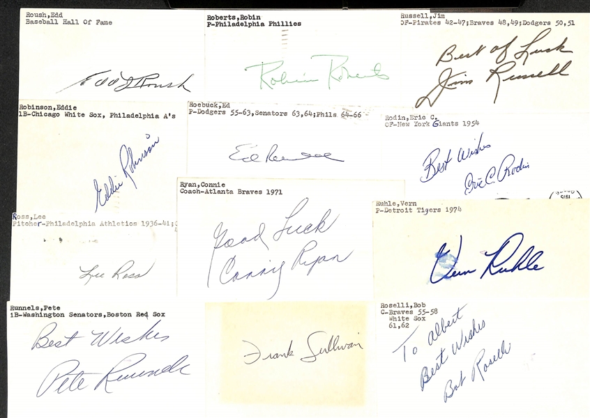 Lot of (150+) Signed Baseball Index Cards inc. Edd Roush, Robin Roberts, Jim Russell, Eddie Robinson, Ed Roebuck, + (JSA Auction Letter)