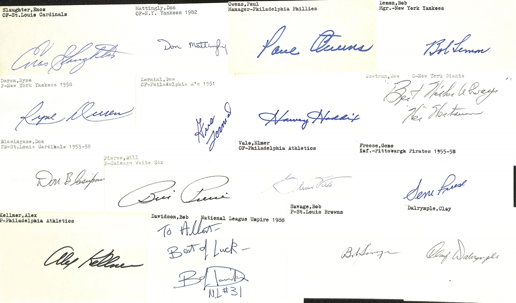 Lot of (150+) Signed Baseball Index Cards inc. Enos Slaughter, Don Mattingly, Paul Owens, Bob Lemon, Ryne Duren, + (JSA Auction Letter)