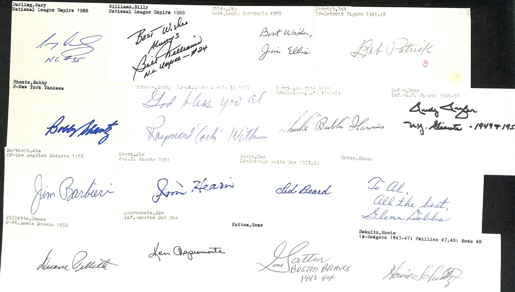 Lot of (150+) Signed Baseball Index Cards inc. Enos Slaughter, Don Mattingly, Paul Owens, Bob Lemon, Ryne Duren, + (JSA Auction Letter)