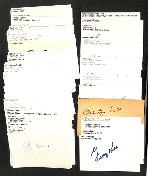 Lot of (150+) Signed Baseball Index Cards inc. George Kell, (2) Allie Reynolds, Tony Kubek, Chuck Stobbs, + (JSA Auction Letter)