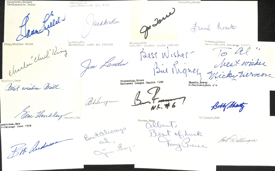 Lot of (150+) Signed Baseball Index Cards inc. Harmon Killebrew, Jack McKeen, Frank Crosetti, Charles King, Jim Landis, Bill Rigney, + (JSA Auction Letter)