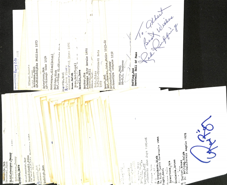 Lot of (175+) Signed Baseball Index Cards inc. Red Ruffing, Phil Rizzuto, Johnny Rutherford, Mel Roach, Chico Ruiz, Paul Runge, + (JSA Auction Letter)