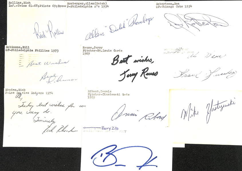 Lot of (175+) Signed Baseball Index Cards inc. Red Ruffing, Phil Rizzuto, Johnny Rutherford, Mel Roach, Chico Ruiz, Paul Runge, + (JSA Auction Letter)