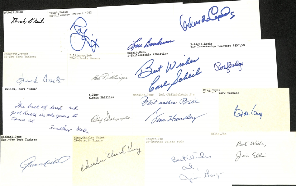 Lot of (175+) Signed Baseball Index Cards inc. Buck O'Neil, Robin Yount, Lou Boudreau, Orlando Cepeda, Frank Crosetti, + (JSA Auction Letter)