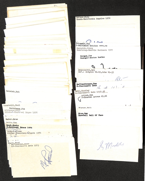 Lot of (150+) Signed Baseball Index Cards inc. Gary Maddux, Sam Rice, Johnny Sain, Sam Chapman, Bill Rigney, Don Arlich, + (JSA Auction Letter)