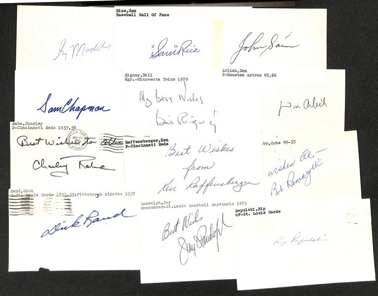 Lot of (150+) Signed Baseball Index Cards inc. Gary Maddux, Sam Rice, Johnny Sain, Sam Chapman, Bill Rigney, Don Arlich, + (JSA Auction Letter)