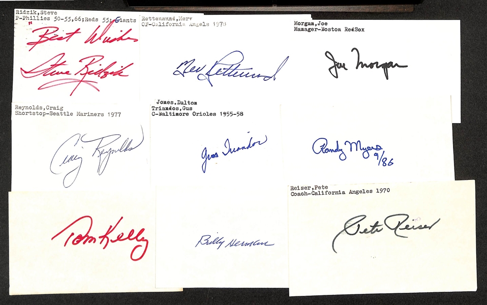 Lot of (150+) Signed Baseball Index Cards inc. Gary Maddux, Sam Rice, Johnny Sain, Sam Chapman, Bill Rigney, Don Arlich, + (JSA Auction Letter)