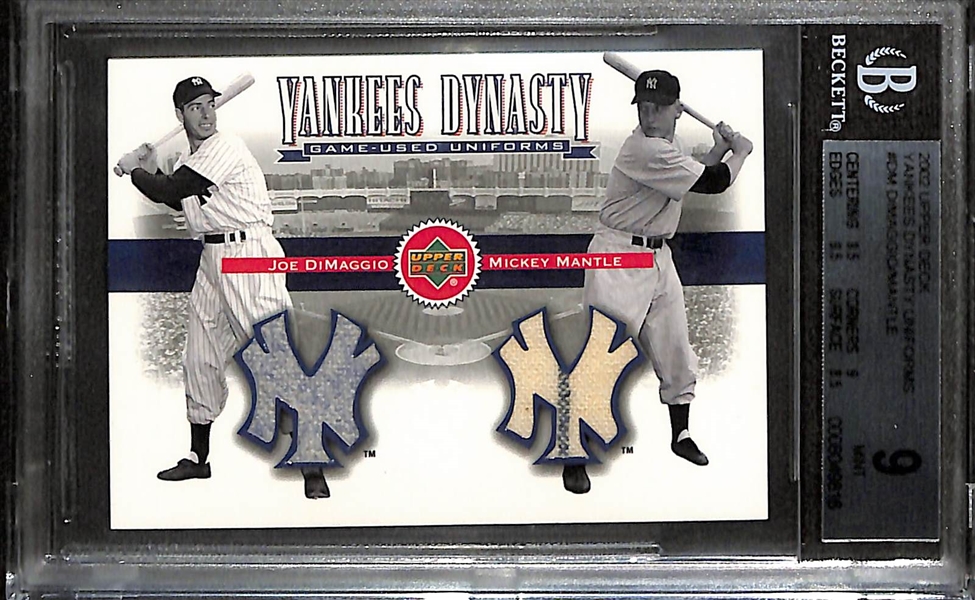 2002 Upper Deck Yankees Dynasty Mickey Mantle & Joe DiMaggio Game-Used Uniform Dual-Relic Card Graded BGS 9