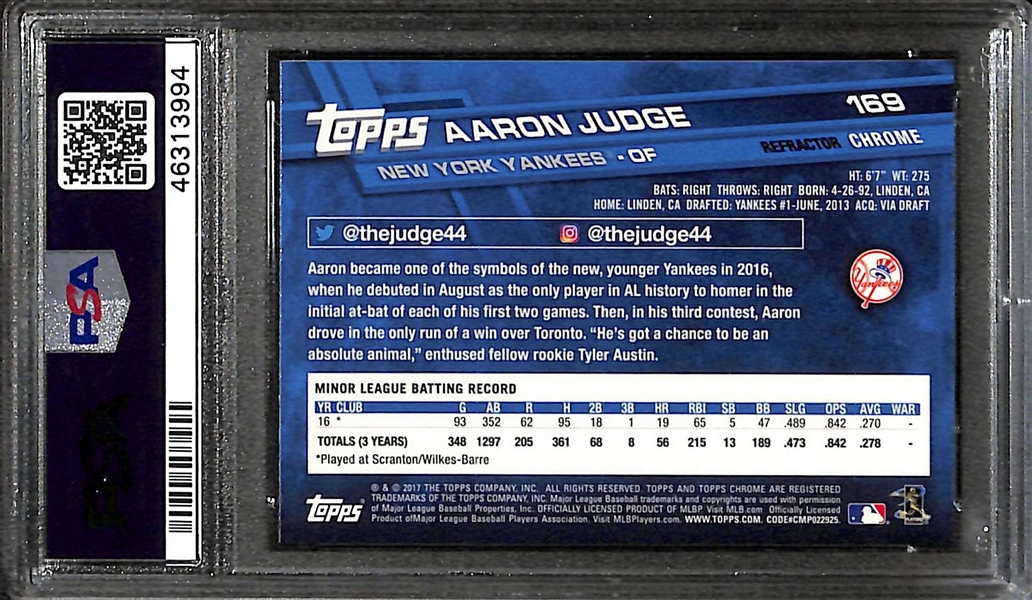 2017 Topps Chrome Aaron Judge (Catching) #169 Pink Refractor Rookie Card Graded PSA 9