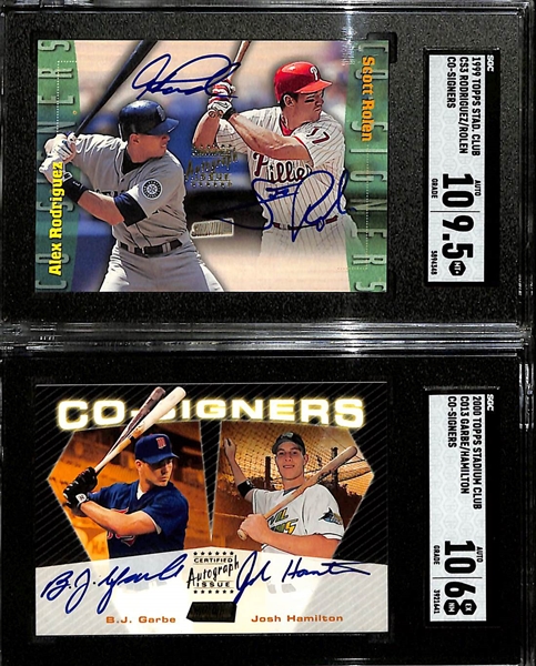 Stadium Club Co-Signers Dual-Autograph Lot - 1999 Alex Rodriguez & Scott Rolen (SGC 9.5, 10 Auto), 2000 Josh Hamilton & BJ Garbe (SGC 6, 10 Auto)
