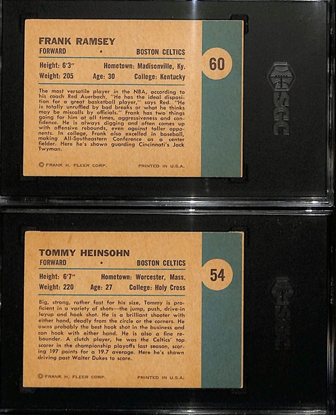 1961-62 Fleer Frank Ramsey On Guard #60 SGC 6 & 1961-62 Fleer Tommy Heinsohn Goes Up For A Shot #54 SGC 6