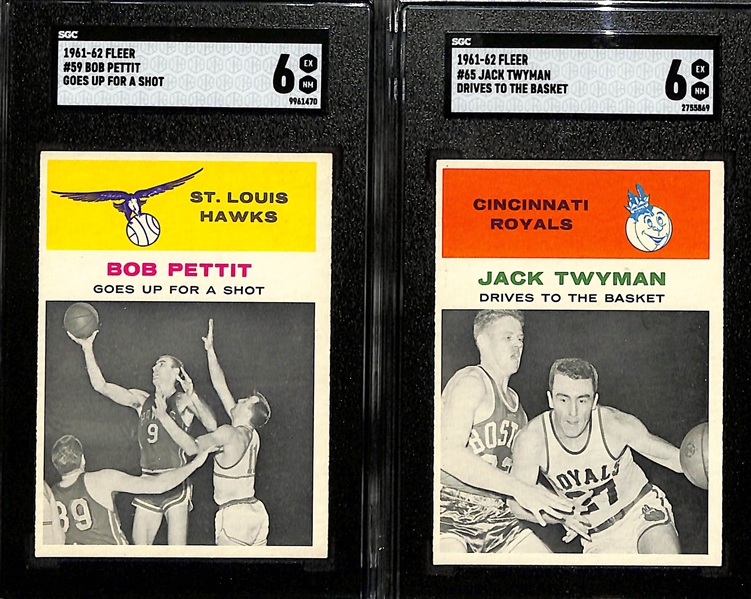1961-62 Fleer Bob Pettit Goes Up For A Shot #59 SGC 6 & 1961-62 Fleer Jack Twyman Drives To The Basket #65 SGC 6