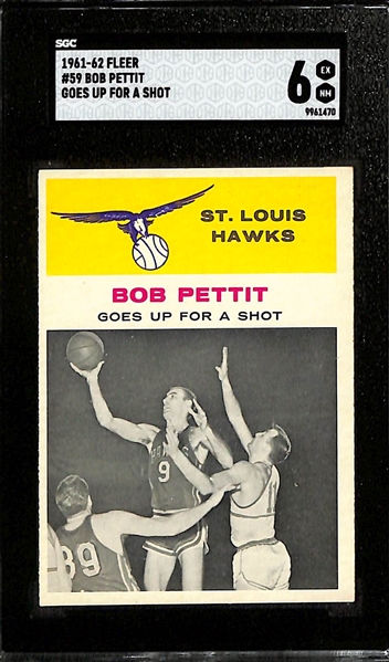 1961-62 Fleer Bob Pettit Goes Up For A Shot #59 SGC 6 & 1961-62 Fleer Jack Twyman Drives To The Basket #65 SGC 6