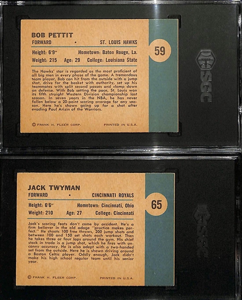 1961-62 Fleer Bob Pettit Goes Up For A Shot #59 SGC 6 & 1961-62 Fleer Jack Twyman Drives To The Basket #65 SGC 6