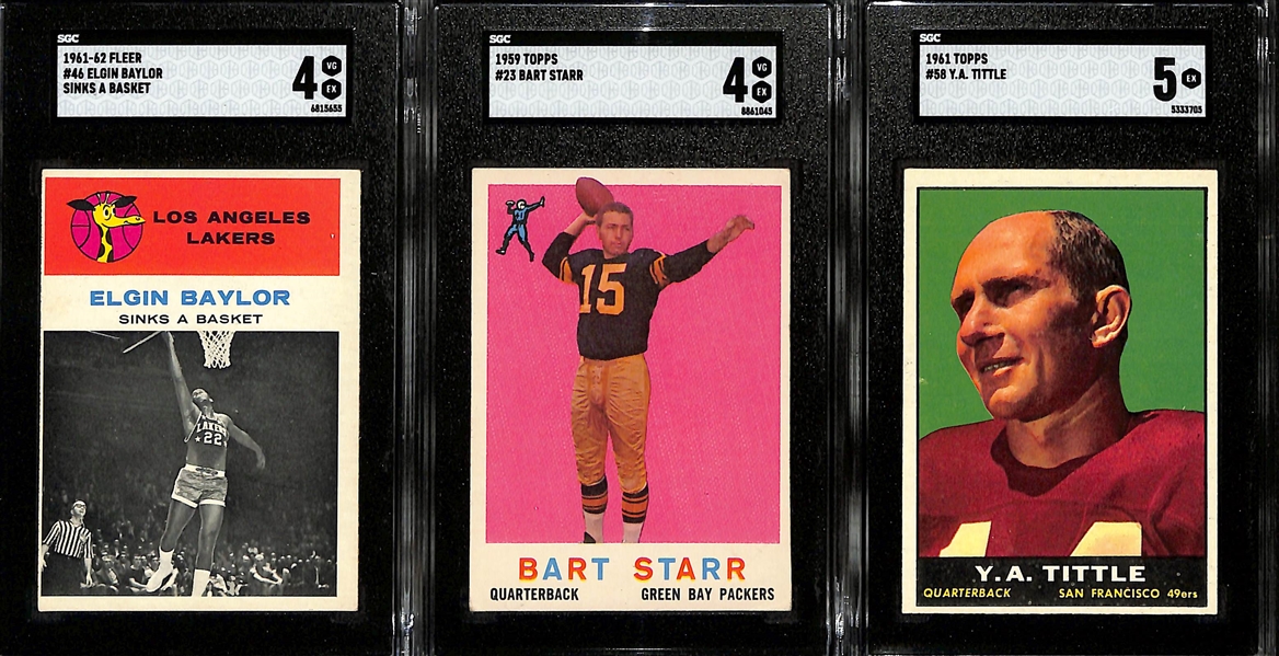 1961-62 Fleer Elgin Baylor Sinks A Basket #46 SGC 4, 1959 Topps Bart Starr #23 SGC 4, 1961 Topps Y.A. Tittle #58 SGC 5