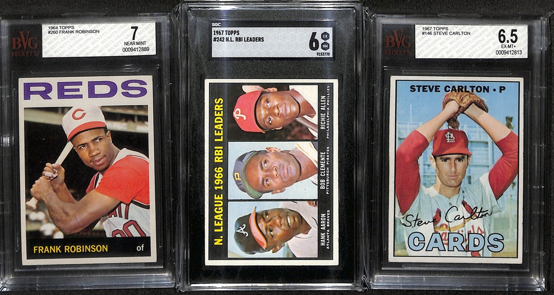 Graded Topps Baseball Card Lot - 1964 Frank Robinson #280 (BVG 7), 1967 RBI Leaders w. Aaron, Clemente, Allen #242 (SGC 6), & 1967 Steve Carlton #146 (SGC 6.5)