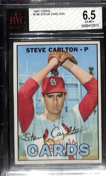 Graded Topps Baseball Card Lot - 1964 Frank Robinson #280 (BVG 7), 1967 RBI Leaders w. Aaron, Clemente, Allen #242 (SGC 6), & 1967 Steve Carlton #146 (SGC 6.5)