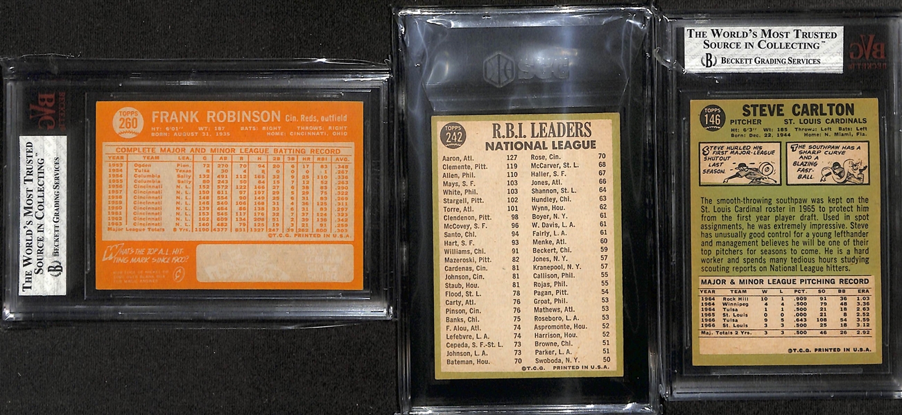 Graded Topps Baseball Card Lot - 1964 Frank Robinson #280 (BVG 7), 1967 RBI Leaders w. Aaron, Clemente, Allen #242 (SGC 6), & 1967 Steve Carlton #146 (SGC 6.5)