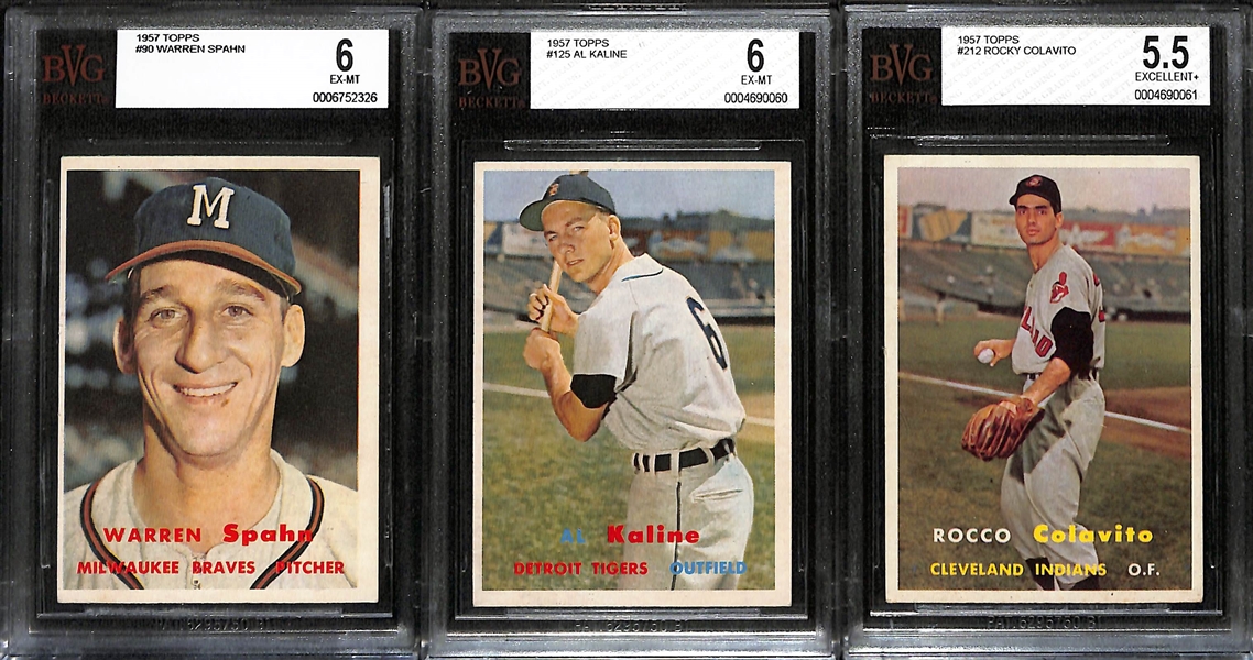 Lot of (3) BVG Graded 1957 Topps Cards - Warren Spahn (BVG 6), Al Kaline (BVG 6), Rocky Colavito (BVG 5.5)