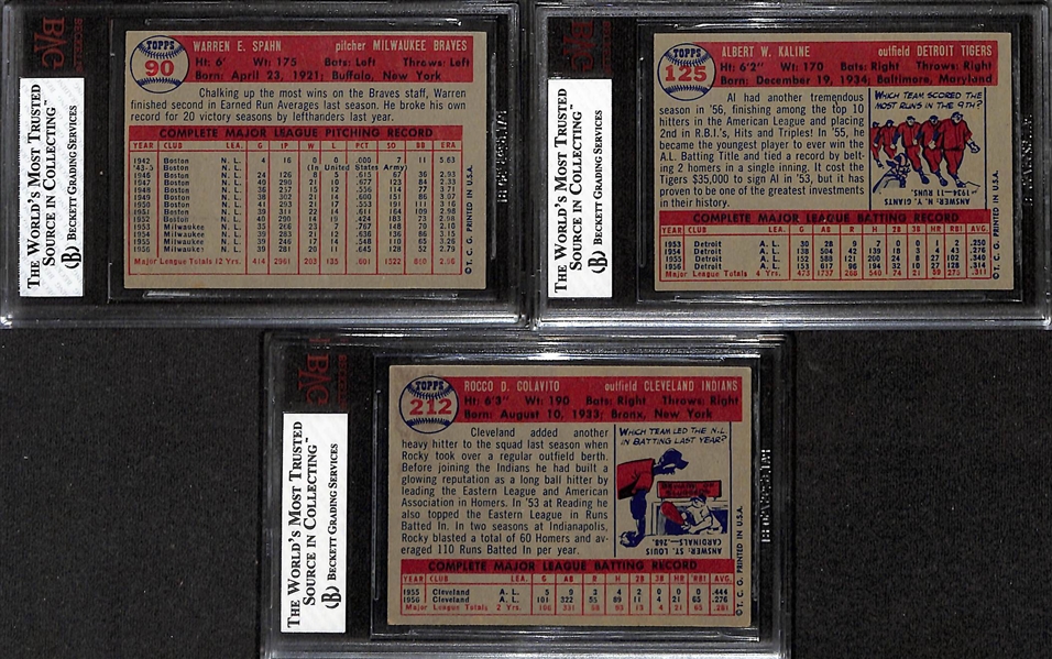 Lot of (3) BVG Graded 1957 Topps Cards - Warren Spahn (BVG 6), Al Kaline (BVG 6), Rocky Colavito (BVG 5.5)
