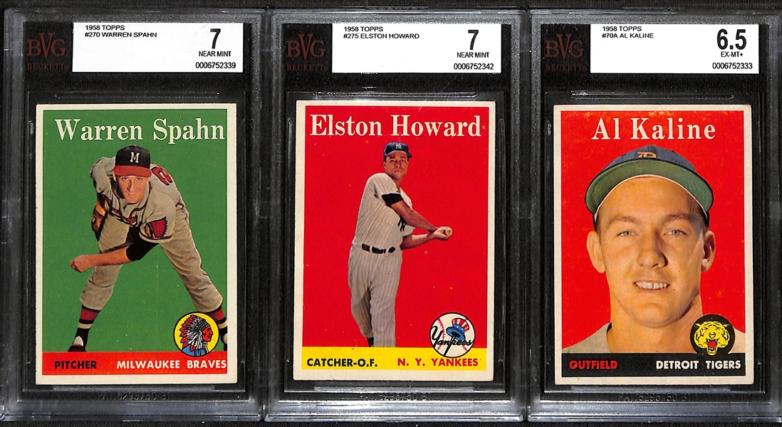 Lot of (3) BVG Graded 1958 Topps Cards - Warren Spahn (BVG 7), Elston Howard (BVG 7), Al Kaline (BVG 6.5)