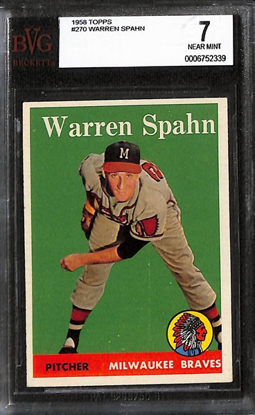 Lot of (3) BVG Graded 1958 Topps Cards - Warren Spahn (BVG 7), Elston Howard (BVG 7), Al Kaline (BVG 6.5)