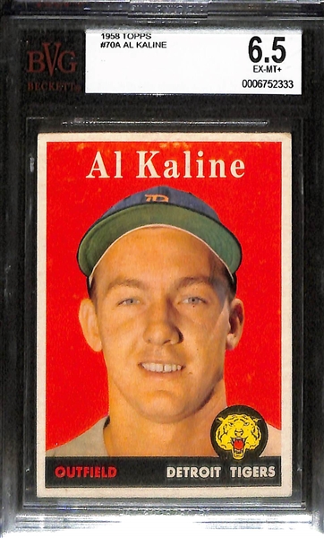 Lot of (3) BVG Graded 1958 Topps Cards - Warren Spahn (BVG 7), Elston Howard (BVG 7), Al Kaline (BVG 6.5)