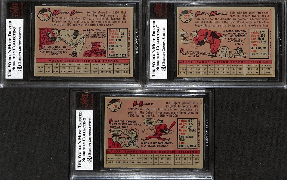 Lot of (3) BVG Graded 1958 Topps Cards - Warren Spahn (BVG 7), Elston Howard (BVG 7), Al Kaline (BVG 6.5)