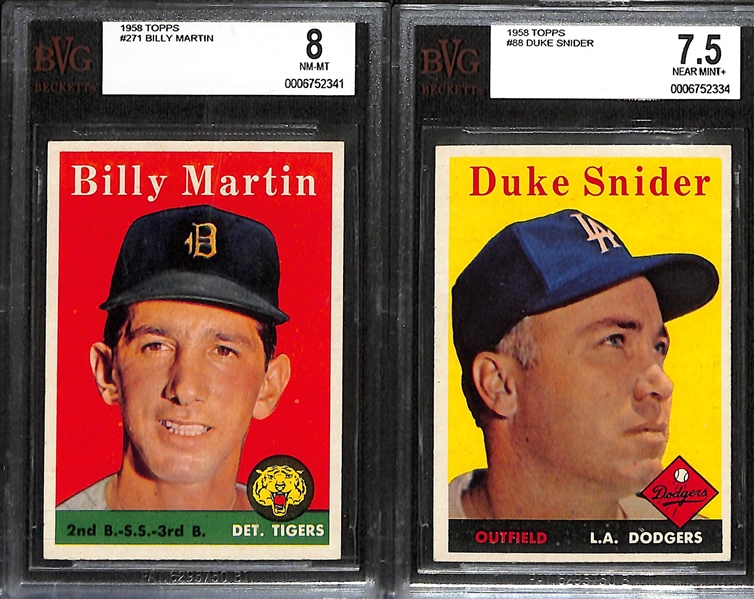 Lot of (2) BVG High Grade 1958 Topps Cards - Billy Martin (BVG 8), Duke Snider (BVG 7.5)