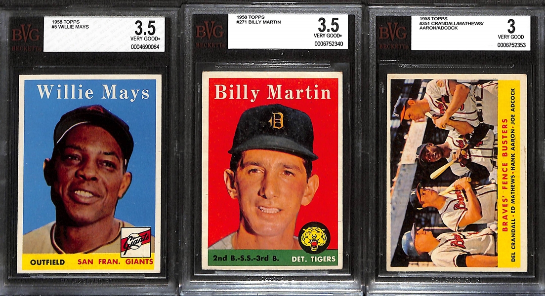 Lot of (4) BVG Graded 1958 Topps Cards - Willie Mays (BVG 3.5), Billy Martin (BVG 3.5), Crandall/Matthews/Aaron/Adcock (BVG 3)