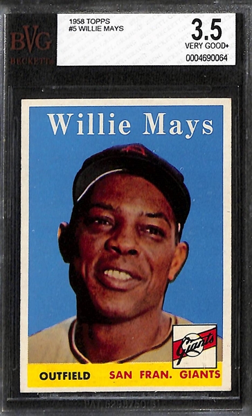 Lot of (4) BVG Graded 1958 Topps Cards - Willie Mays (BVG 3.5), Billy Martin (BVG 3.5), Crandall/Matthews/Aaron/Adcock (BVG 3)