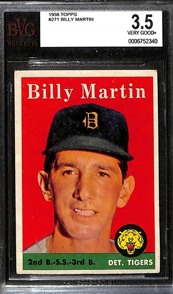 Lot of (4) BVG Graded 1958 Topps Cards - Willie Mays (BVG 3.5), Billy Martin (BVG 3.5), Crandall/Matthews/Aaron/Adcock (BVG 3)