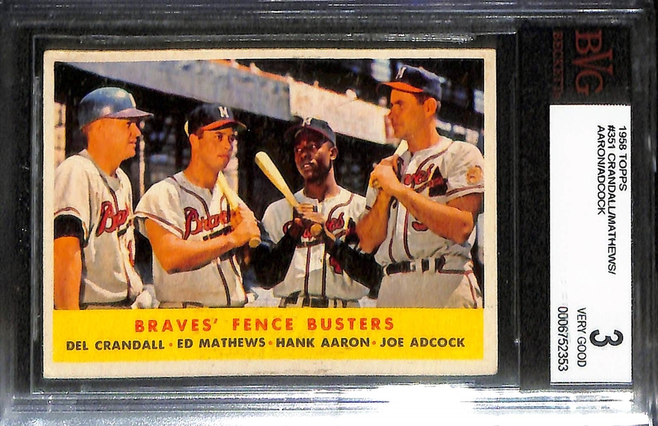 Lot of (4) BVG Graded 1958 Topps Cards - Willie Mays (BVG 3.5), Billy Martin (BVG 3.5), Crandall/Matthews/Aaron/Adcock (BVG 3)