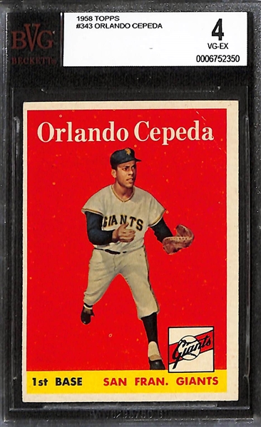 Lot of (5) BVG Grade 4 1958 Topps Cards - Orlando Cepeda Rookie, Ernie Banks, Don Drysdale, Warren Spahn, Kluszewski/Williams