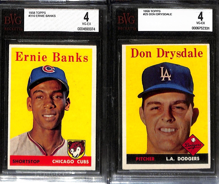 Lot of (5) BVG Grade 4 1958 Topps Cards - Orlando Cepeda Rookie, Ernie Banks, Don Drysdale, Warren Spahn, Kluszewski/Williams