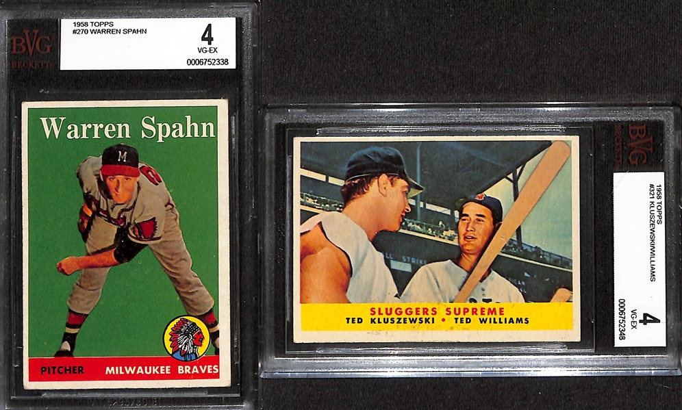 Lot of (5) BVG Grade 4 1958 Topps Cards - Orlando Cepeda Rookie, Ernie Banks, Don Drysdale, Warren Spahn, Kluszewski/Williams