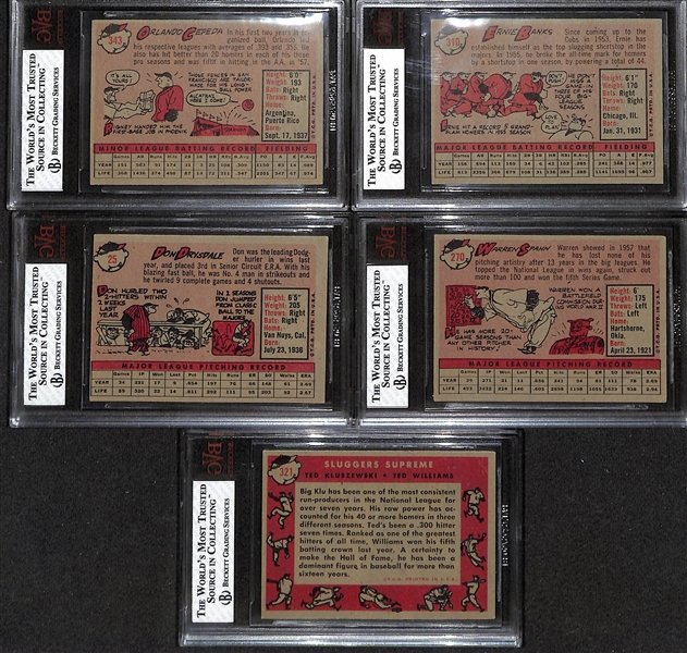 Lot of (5) BVG Grade 4 1958 Topps Cards - Orlando Cepeda Rookie, Ernie Banks, Don Drysdale, Warren Spahn, Kluszewski/Williams