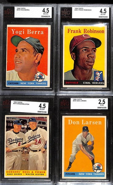 Lot of (4) BVG Graded 1958 Topps Cards - Yogi Berra (BVG 4.5), Frank Robinson (BVG 4.5), Snider/Alston (BVG 4.5), Don Larsen (BVG 2.5)