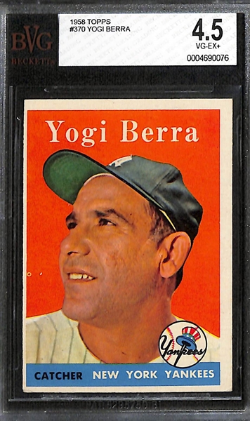 Lot of (4) BVG Graded 1958 Topps Cards - Yogi Berra (BVG 4.5), Frank Robinson (BVG 4.5), Snider/Alston (BVG 4.5), Don Larsen (BVG 2.5)