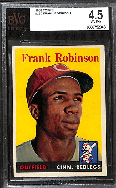 Lot of (4) BVG Graded 1958 Topps Cards - Yogi Berra (BVG 4.5), Frank Robinson (BVG 4.5), Snider/Alston (BVG 4.5), Don Larsen (BVG 2.5)