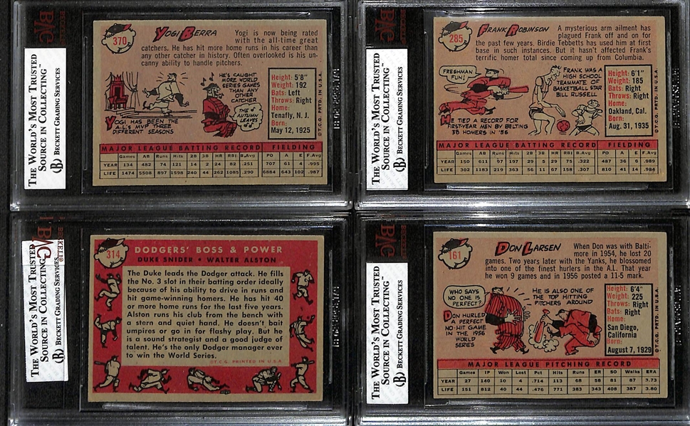 Lot of (4) BVG Graded 1958 Topps Cards - Yogi Berra (BVG 4.5), Frank Robinson (BVG 4.5), Snider/Alston (BVG 4.5), Don Larsen (BVG 2.5)