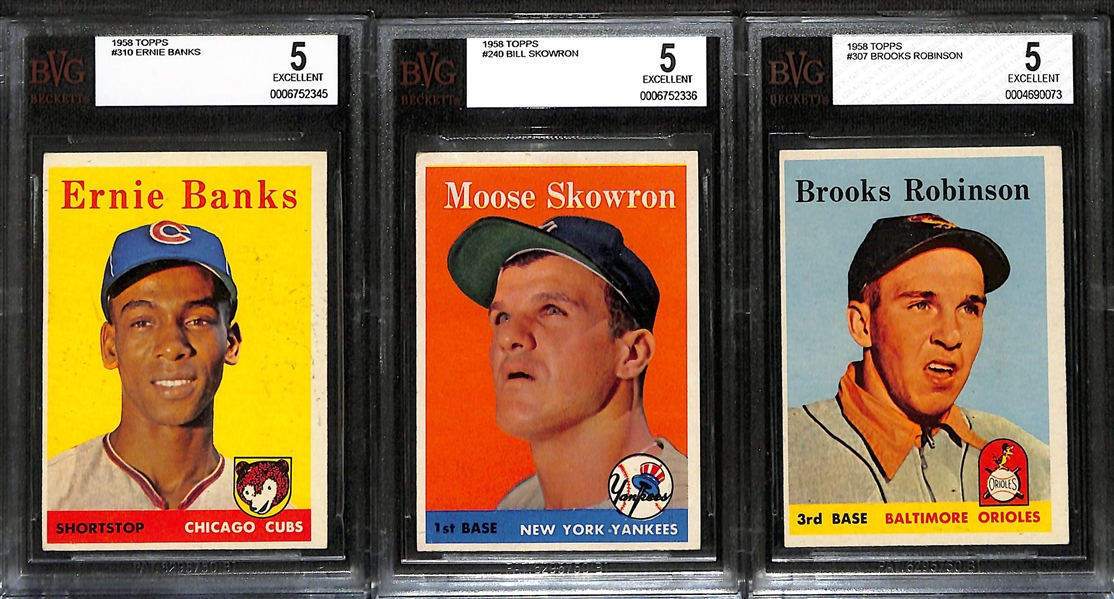 Lot of (3) BVG Graded 5 1958 Topps Cards - Ernie Banks, Bill Skowron, Brooks Robinson