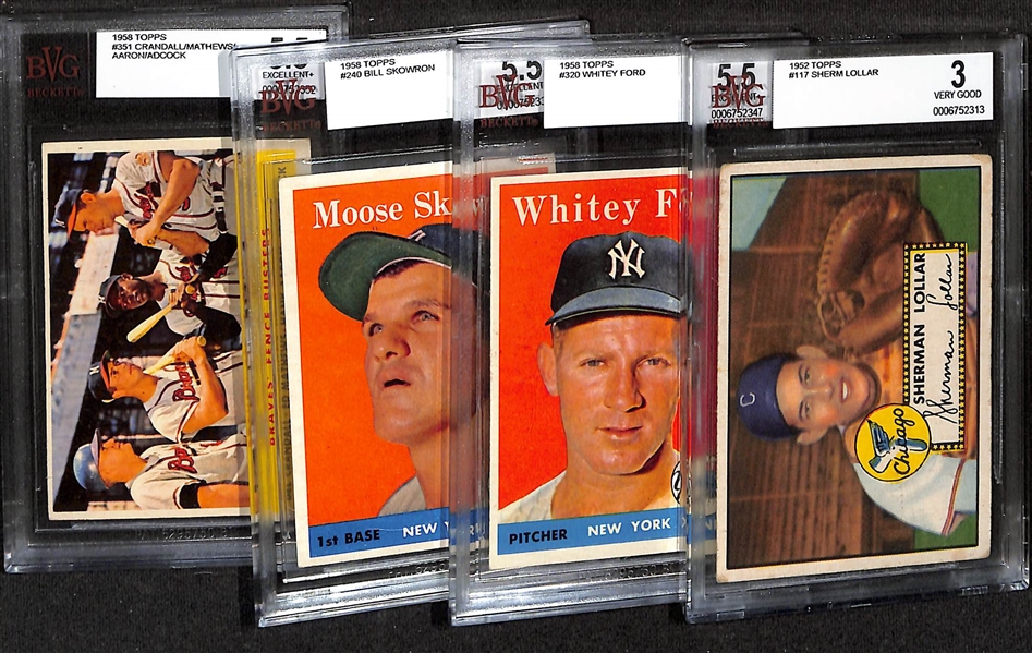 Lot of (4) BVG Graded 1950s Topps Cards - 1952 Sherm Lollar (BVG 3), 1958 Whitey Ford (BVG 5.5), 1958 Bill Skowron (BVG 5.5), 1958 Crandall/Mathews/Aaron/Adcock (BVG 5.5)